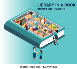 Isometric Artwork Concept of a Library in a book, Where all the people are reading book in a library.