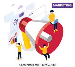 Isometric Artwork Concept Of Marketing Where People Are Promoting A Brand On A Large Scale, Which Will Grow The Business