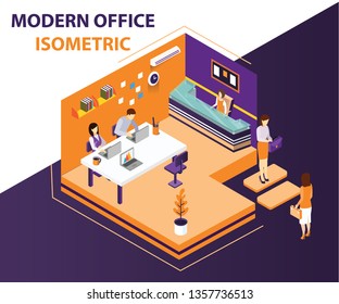 isometric artwork concept of a modern office interior, where all the structure of the office is modern and people are working in it.