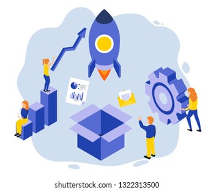 Isometric Artwork Concept of a new business starting up where people are working to make the startup successful.