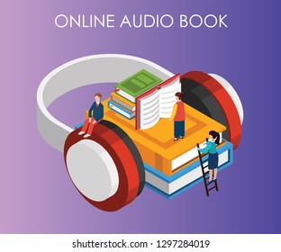 Isometric Artwork Concept of Online Audio Books where there are a lot of books but now the books are available in an audiobook type, Where anyone can listen to the books if they don't want to read it.
