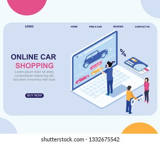 Isometric Artwork Concept of Online Car Shopping where cars are listed and people are buying cares from the online store.