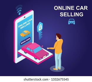 Isometric Artwork Concept of Online Car Selling, Where a User is selling his/her Car online.