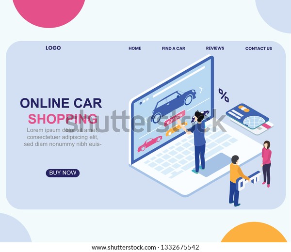 Isometric\
Artwork Concept of Online Car Shopping where cars are listed and\
people are buying cares from the online\
store.
