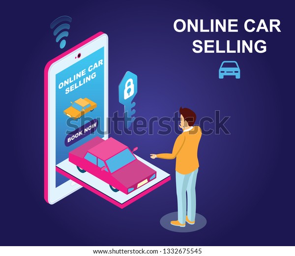 Isometric Artwork Concept of Online\
Car Selling, Where a User is selling his/her Car\
online.