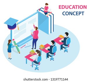 Isometric Artwork Concept of Online education where a teacher is teaching the students a subject on the computer.