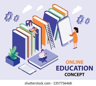 Isometric Artwork Concept of Online Education where, Students are learning through online Medium. Where they are learning from computer and mobile phone