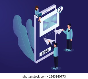 Isometric Artwork Concept of Online Email Marketing, Where people are communicating through the e-mails