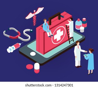 Isometric Artwork Concept of Online Media Service where the doctor can treat patient from the mobile through technology.