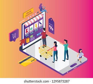 isometric Artwork concept of online shopping store where the customer is shopping on the mobile phone, Where all the things are handled through a mobile app like Payment, Shipping etc.
