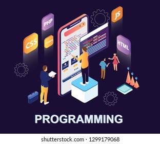 Isometrisches Kunstwerk Konzept von Menschen, die programmieren, um eine mobile App und eine Website für einen Client in mehreren Programmiersprachen zu erstellen, um die Ausgabe zu geben