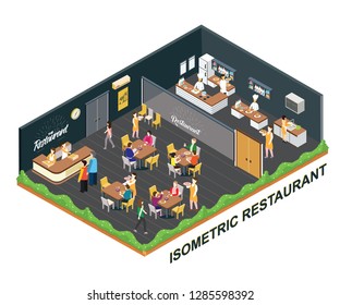 Isometric Artwork Concept of a restaurant, Where people are dining with their family and eating food, And at the back side there is an open kitchen where the chef is preparing food for the people.