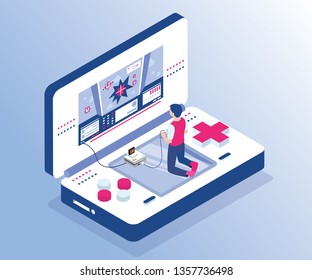 Isometric Artwork Concept of an Retro gaming station. Where a boy is playing a video game on his gaming console.