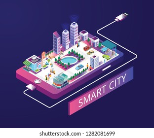 Isometric Artwork Concept of a smart city, Where there is a restaurant a hospital etc. all the services like a normal city but all the things are advance here.