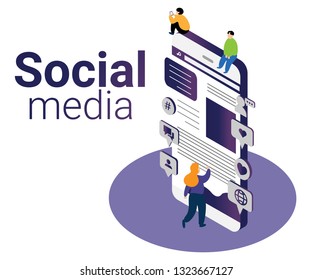 Isometric Artwork Concept of Social media Marketing where a company/Person is promoting a company/Brand on social media Platforms