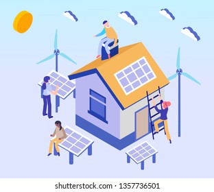isometric artwork concept of a solar power house, where all the appliances in the house are given power by solar energy which is been generated outside the house.