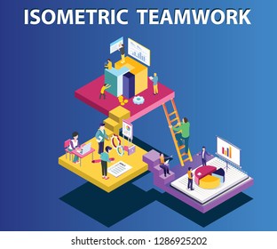Isometric artwork concept of a team working in a company where everyone is assigned tasks and they are working on it, Some are working on sales and some are working on the marketing