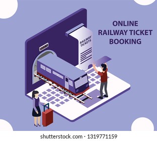 Isometric artwork Concept of a ticket booking software, Where people are booking railway tickets through the laptop.