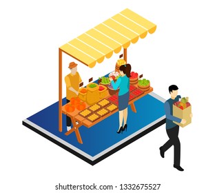 Isometric Artwork Concept of Vegetable Vendor selling fruit's & Vegetable to customers.