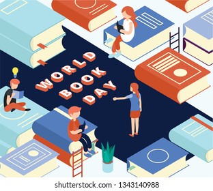 Isometric Artwork Concept of World Book Day, Where all the people are in library and they all are reading books.
