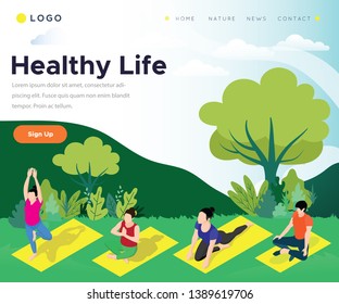 Isometric Artwork Concept of Yoga, Where people are doing exercise in the Garden