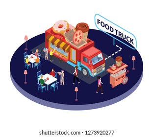 Isometric Artwork of a local food truck on street where people are buying and eating food 