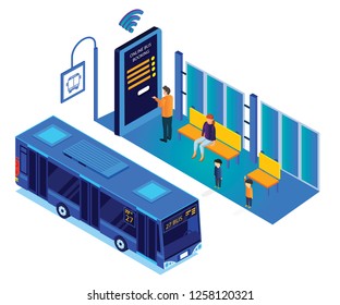 Isometric Artwork  of People Waiting at the Bus stop but a man is booking the tickets online rather than waiting for the bus.