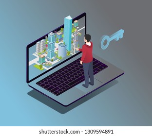 Isometric Artwork of a Real-Estate, donde el usuario puede comprar propiedades a través de un teléfono móvil.