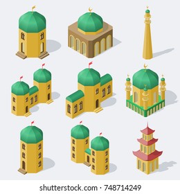 Isometric asian buildings set.