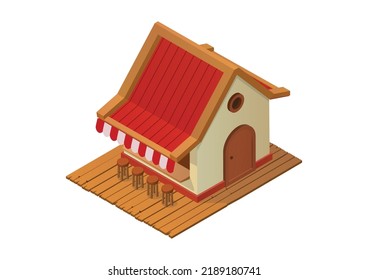 isometric asian cafe house isolated on white background