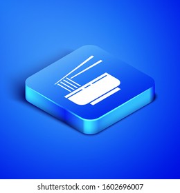 Isometric Asian noodles in bowl and chopsticks icon isolated on blue background. Street fast food. Korean, Japanese, Chinese food. Blue square button. Vector Illustration