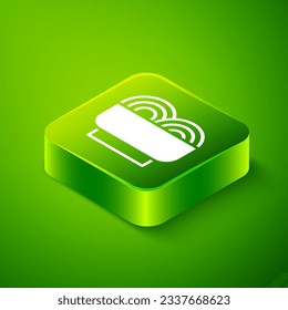 Isometric Asian noodles in bowl and chopsticks icon isolated on green background. Street fast food. Korean, Japanese, Chinese food. Green square button. Vector
