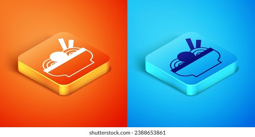 Isometric Asian noodles in bowl and chopsticks icon isolated on orange and blue background. Street fast food. Korean, Japanese, Chinese food.  Vector