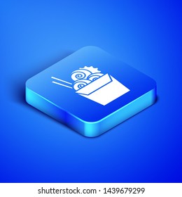 Isometric Asian noodles in paper box and chopsticks icon isolated on blue background. Street fast food menu. Korean, Japanese, Chinese food. Blue square button. Vector Illustration