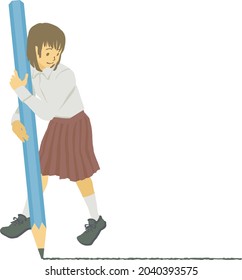 Isometric asian student girl drawing a line by pencil vector illustration.