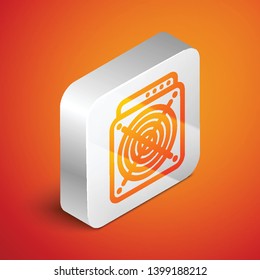 Isometric ASIC Miner icon isolated on orange background. Cryptocurrency mining equipment and hardware. Application specific integrated circuit. Silver square button. Vector Illustration