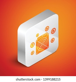 Isometric ASIC Miner icon isolated on orange background. Cryptocurrency mining equipment and hardware. Application specific integrated circuit. Silver square button. Vector Illustration