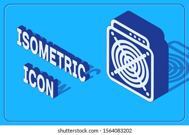 Isometric ASIC Miner icon isolated on blue background. Cryptocurrency mining equipment and hardware. Application specific integrated circuit.  Vector Illustration