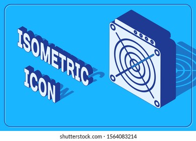 Isometric ASIC Miner icon isolated on blue background. Cryptocurrency mining equipment and hardware. Application specific integrated circuit.  Vector Illustration
