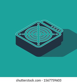 Isometric ASIC Miner icon isolated on green background. Cryptocurrency mining equipment and hardware. Application specific integrated circuit.  Vector Illustration
