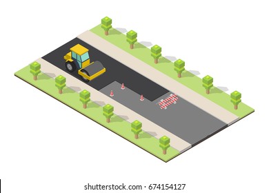 Isometric Asphalt compactor road under construction repair road signs.