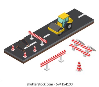 Isometric Asphalt Compactor Road Under Construction Repair Road Signs.