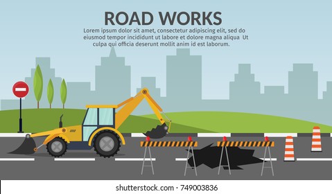 Isometric Asphalt compactor road under construction repair road signs.