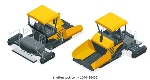 Isometric Asphalt paver, asphalt spreading machine under the white background. Vector illustration