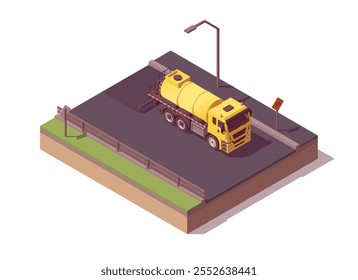 Isometric asphalt paving composition. Low poly yellow sprayer truck spraying asphalt. Vector illustrator