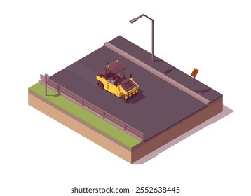 Isometric asphalt paving composition. Low poly yellow roller rolling asphalt. Vector illustrator