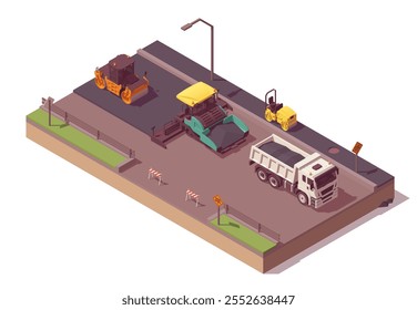 Composición isométrica de pavimentación asfáltica. Pavimentadora de asfalto de polietileno bajo, rodillos y asfalto de pavimentación de camiones de volteo. Ilustrador de Vector