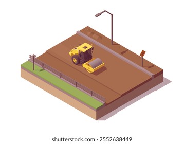 Composição isométrica de pavimentação asfáltica. Solo compactador de rolo amarelo poli baixo. Ilustrador de vetor
