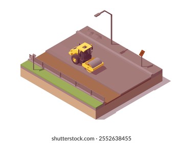 Isometric asphalt paving composition. Low poly yellow roller compacting gravel. Vector illustrator