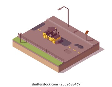 Composición isométrica de pavimentación asfáltica. Bajo asfalto de rodillo amarillo polivinílico. Ilustrador de Vector